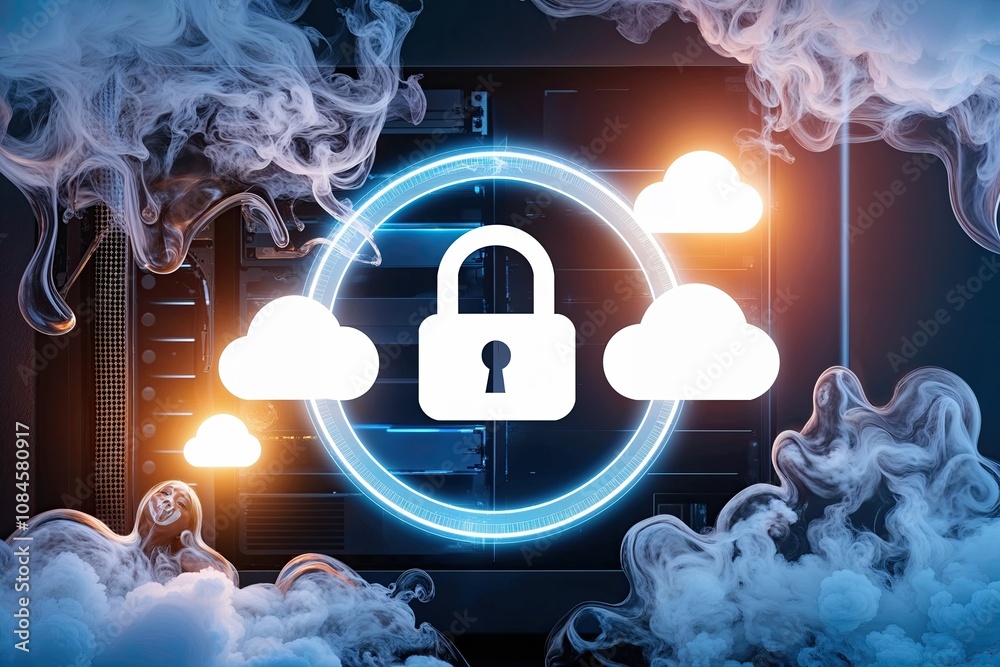 Poster luminous vapors surrounding a secure icon on a server, representing cloud computing integrity and te