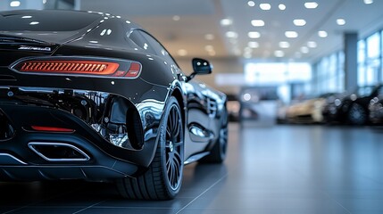 Obraz premium Sleek black luxury coupe in modern showroom.