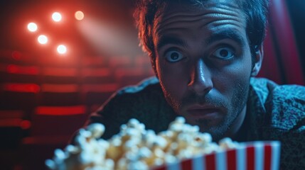A person gazing at a box of popcorn, ideal for food or entertainment related concepts
