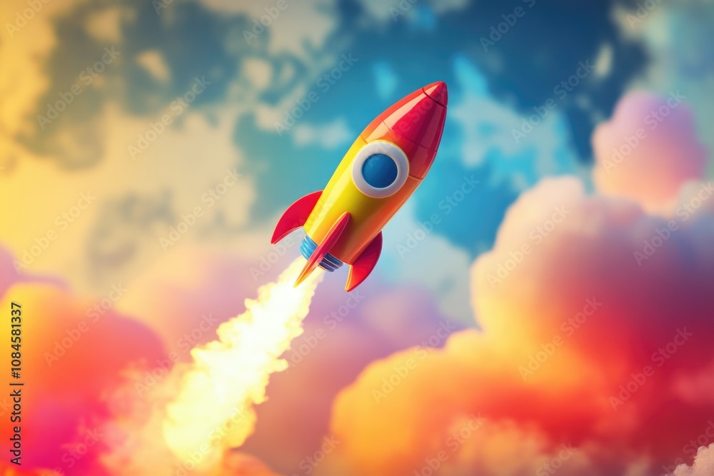 Poster a bright colored rocket soaring through a cloudy sky with the sun shining through