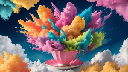 Fototapeta premium Colorful Explosion of Cotton Candy Clouds Rising from Pink Teacup on Blue Background