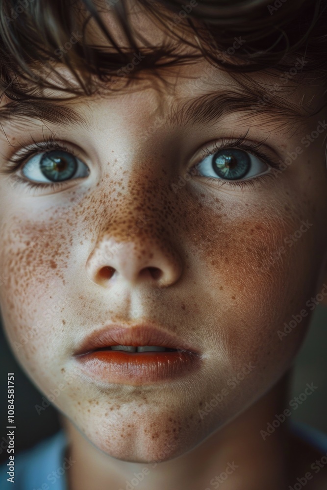 Poster a close-up view of a young child's face featuring distinctive freckles
