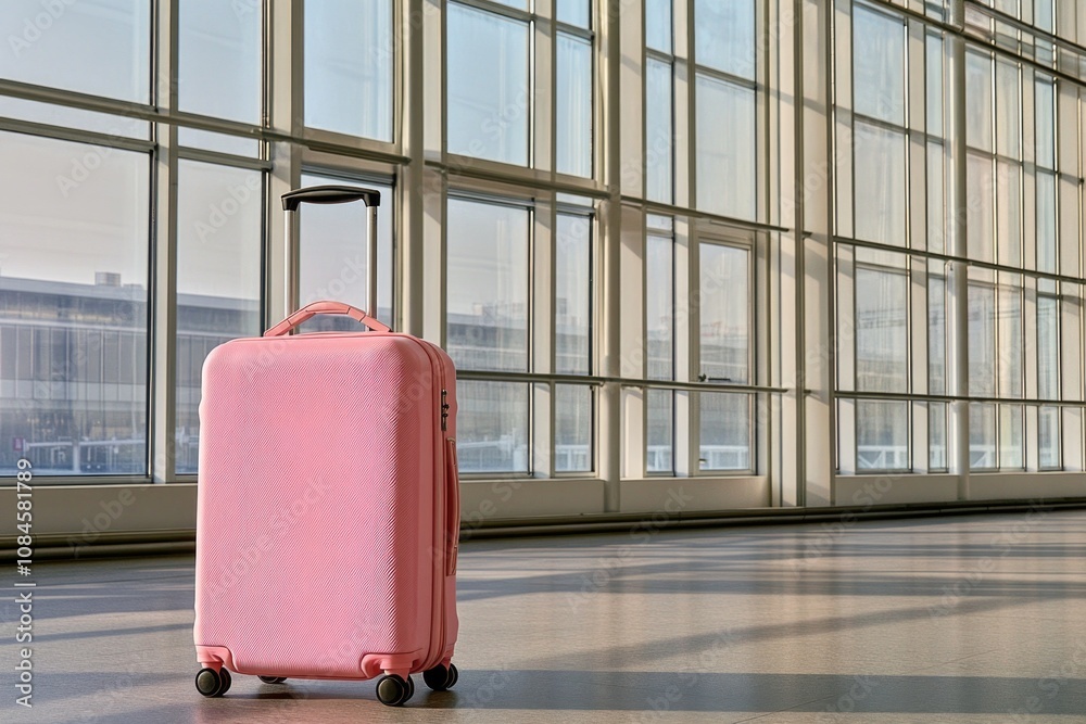 Poster A pink suitcase sits in front of a window with a view