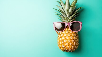 Cool pineapple wearing pink sunglasses against a turquoise background.  Summer vibes!