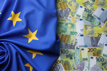 European Union flag on euro banknotes, top view