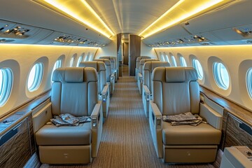 Fototapeta premium Inside a commercial airliner with two rows of seats and overhead compartments
