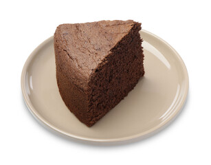 Plate with piece of chocolate sponge cake isolated on white