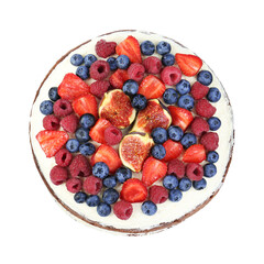 Delicious chocolate sponge cake with berries isolated white, top view