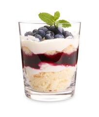 Tasty trifle dessert. Sponge cake, blueberries, jam and whipped cream in glass isolated on white