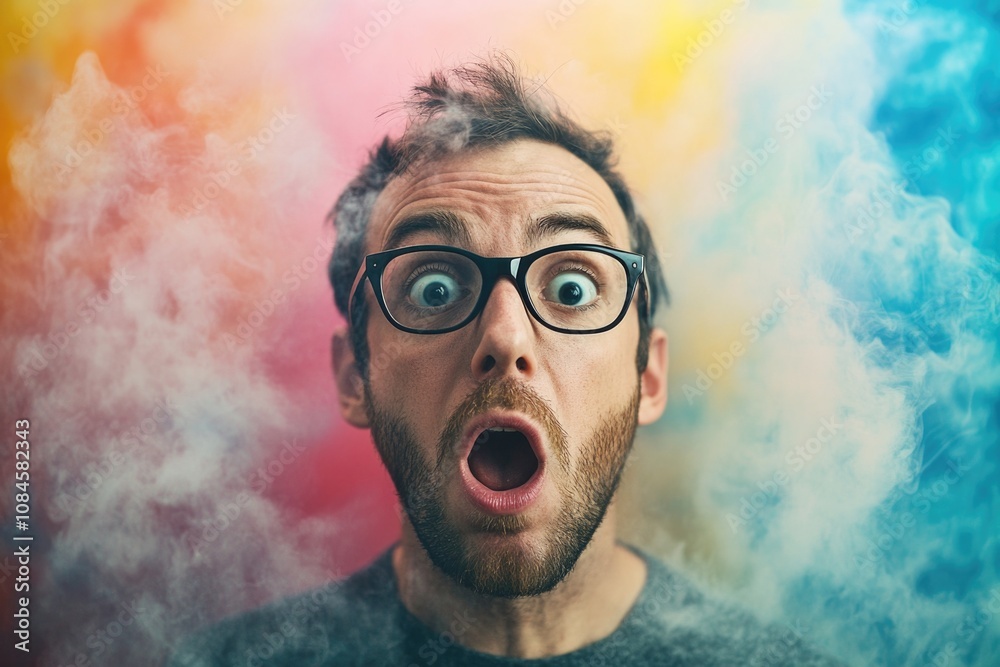 Poster a person showing shock or surprise with an open mouth and raised eyebrows