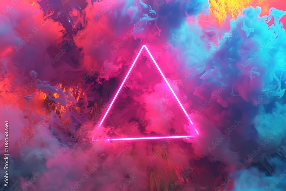 Poster a bright neon triangle surrounded by a cloud of smoke, great for representing a warning or alert