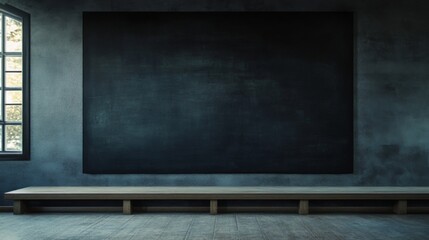Empty black board with wooden bench in a room with a window.