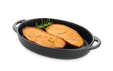 Halves of tasty cooked sweet potato with rosemary in baking dish isolated on white