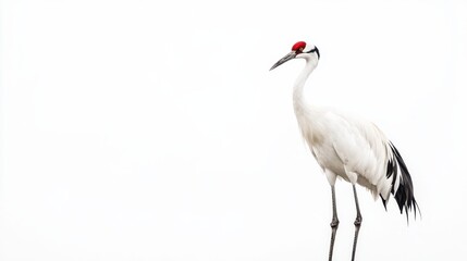 Obraz premium Elegant white crane with a vibrant red cap, standing against a stark white background. A beautiful contrast of colors and textures.