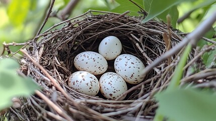 Fototapeta premium Five speckled bird eggs nestled in a twig nest.