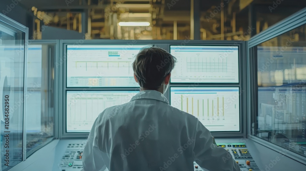 Poster scientist in a laboratory monitoring data on multiple screens in a high-tech environment for researc