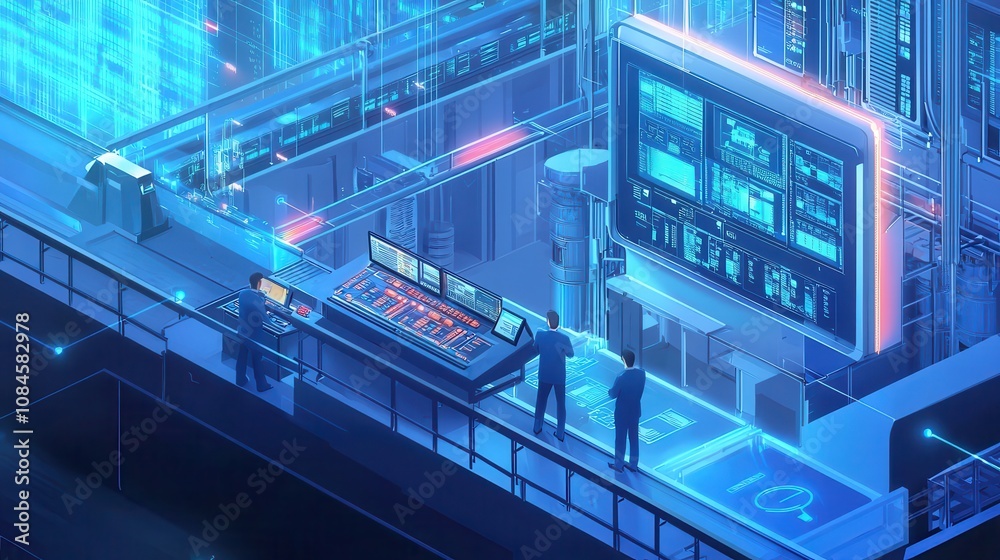 Poster futuristic digital control room with advanced technology interface and professionals analyzing data 