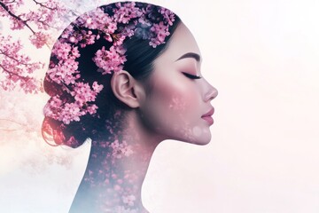 A woman with cherry blossom petals blending into her profile in a serene artistic representation