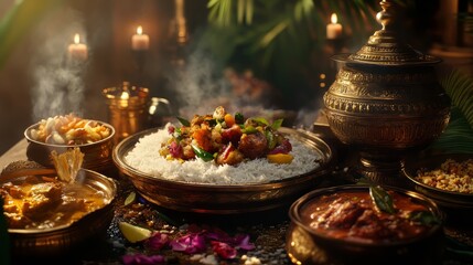 Fototapeta premium Composition with indian dishes. indian food. Ultra realistic. Photorealistic hypermaximalist advertising photography hyper realistic fine detail