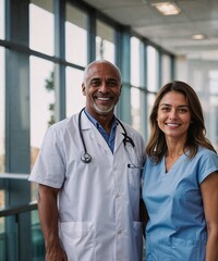 two doctors stand on a light background smiling at the camera in scrubs, one of them is African-American