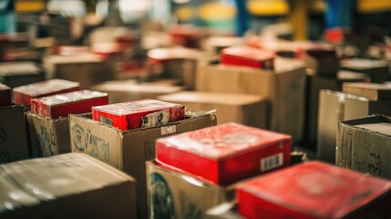 Obraz premium A cluttered room filled with stacked boxes, perfect for use in scenes about moving, organizing or chaos