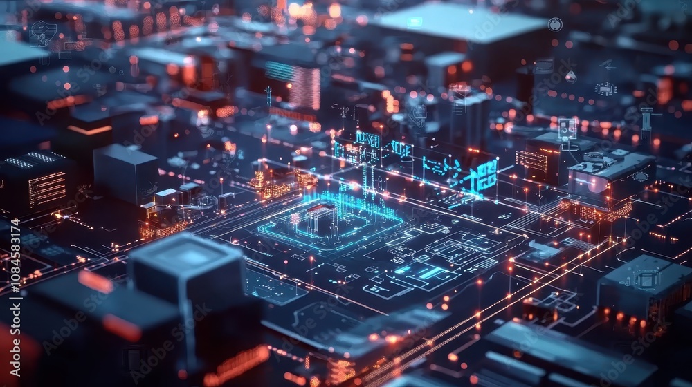 Poster aerial view of futuristic cityscape with digital technology and circuit patterns, showcasing advance