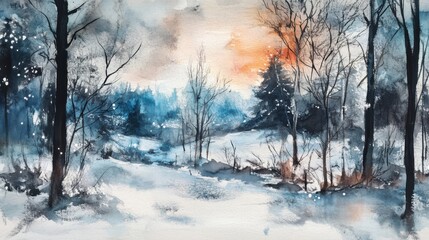 Serene winter landscape watercolor painting.  Cool blues and warm oranges create a magical sunset scene in a snowy forest.