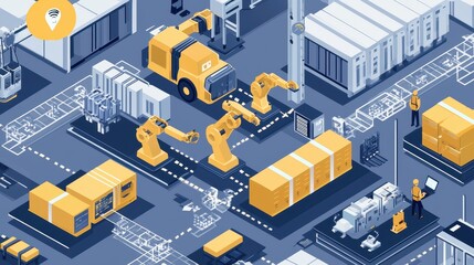 Obraz premium Aerial View of Modern Industrial Factory with Robotic Arms, Automated Machinery, Workers, and Cargo in an Innovative Manufacturing Setting