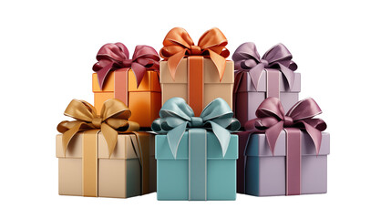 Multicolored gift boxes stacked with care, tied with ribbons and bows, exuding joy and celebration, isolated on transparent background.