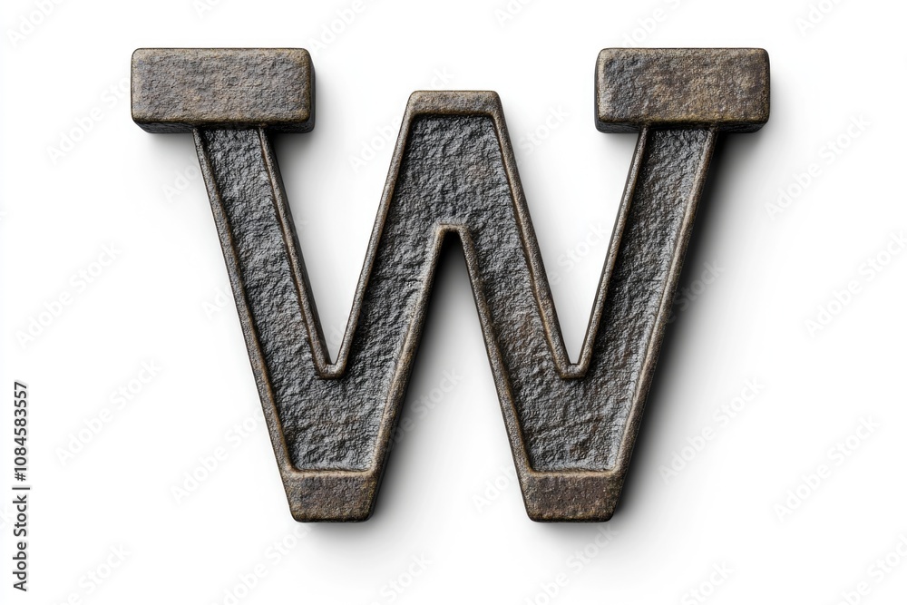 Poster a detailed view of a metal letter w with intricate design and texture