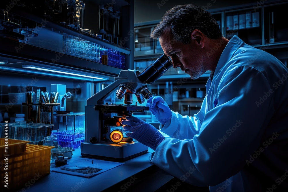 Poster A scientist in a lab coat looks at a microscope, studying the tiny details of a sample