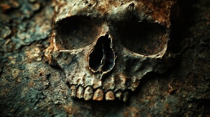 A close-up view of a skull sitting on top of a rock, with a simple and eerie landscape in the background