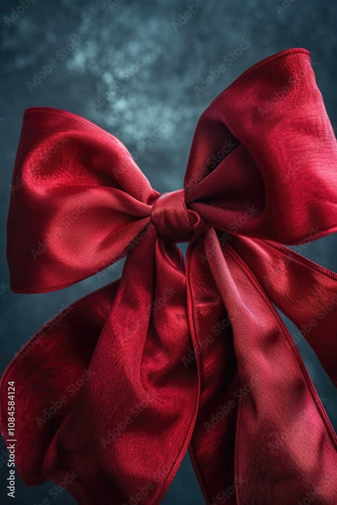 Poster a close-up shot of a bright red bow on a black background, perfect for use in designs requiring atte