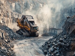 Heavy Machinery Operating in a Rocky Quarry with Dust and Debris, Showcasing Industrial Strength and Mining Operations in a Natural Landscape