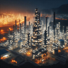 Fototapeta premium A large industrial complex with many towers and tanks, illuminated at night