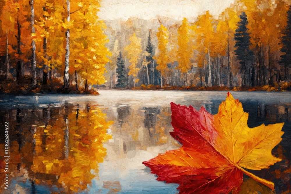 Poster a single leaf floating on the calm surface of a lake