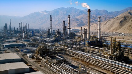 Fototapeta premium An Expansive View of a Modern Industrial Complex with Gas Processing Towers against a Mountainous Landscape Under Clear Blue Sky