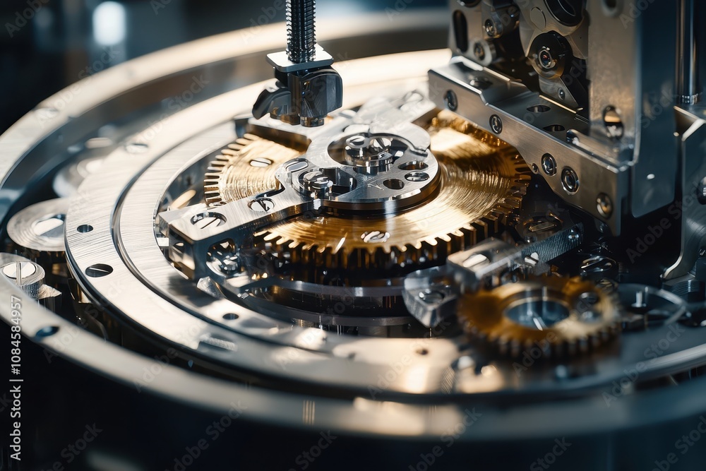 Poster close-up of intricate mechanical gears and components in a precision engineering process showcasing 
