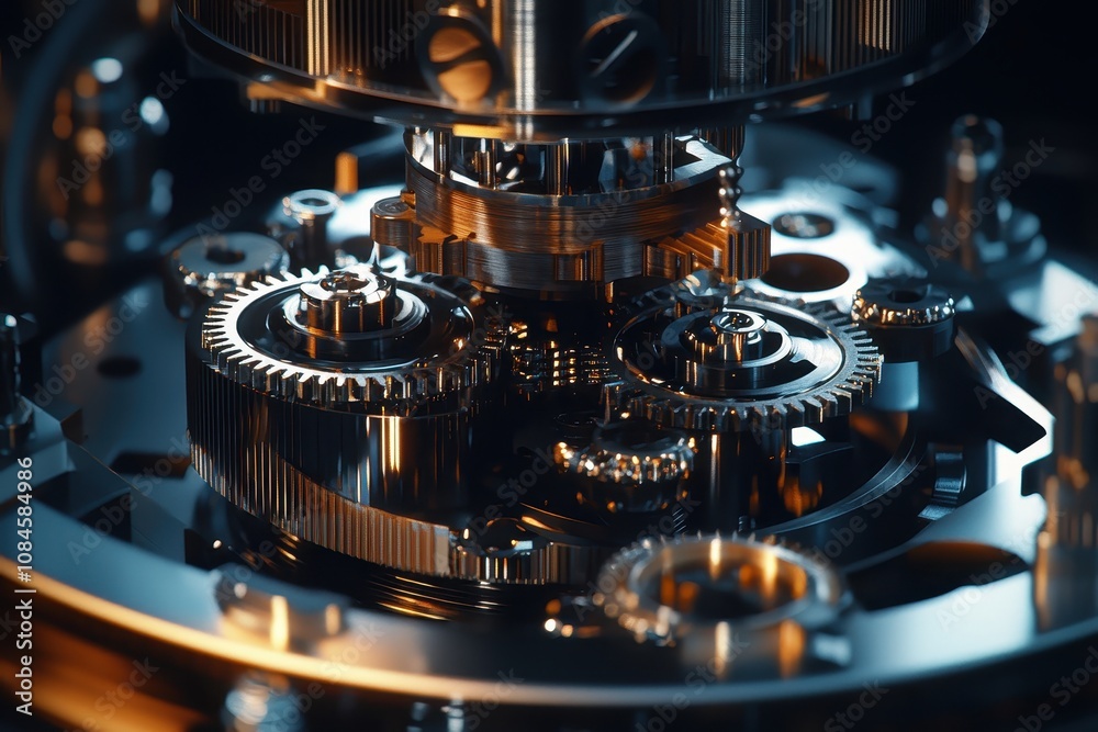 Poster intricate close-up of mechanical gears and cogs in a precision engine with shiny metal surfaces and 