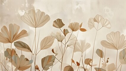  Neutral botanical print with minimalist plant line art in soothing beige tones, inspired by Japanese Ukiyo-e and Bauhaus styles