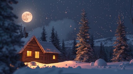 Fototapeta premium Cozy cabin surrounded by snow, with a full moon shining brightly in the background