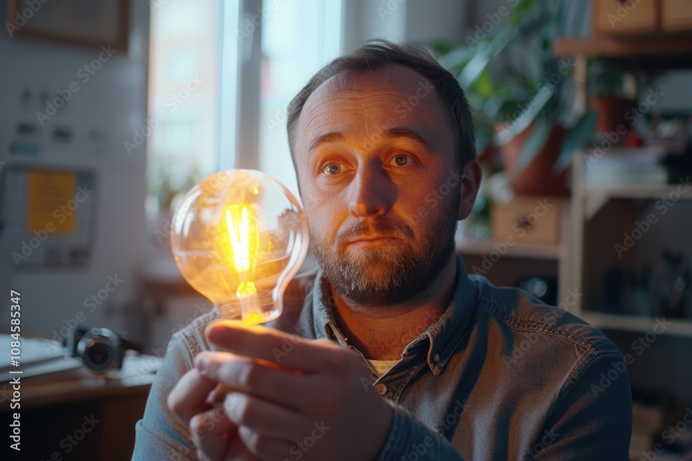 Poster a person holding a light bulb with a determined expression