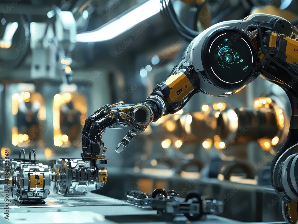 Poster advanced robotic arm assembling precision components in a futuristic automated factory environment s