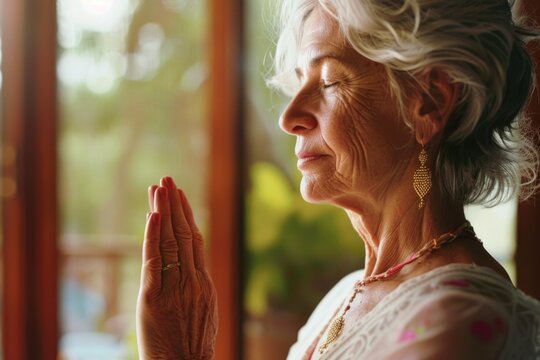 A woman kneeling by a window, hands clasped in prayer