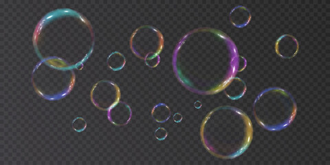 Vector realistic soap bubbles with rainbow reflection isolated on transparent background. eps 10	