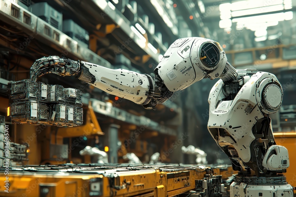 Poster advanced industrial robot demonstrating precision in warehouse automation with cargo handling and ef