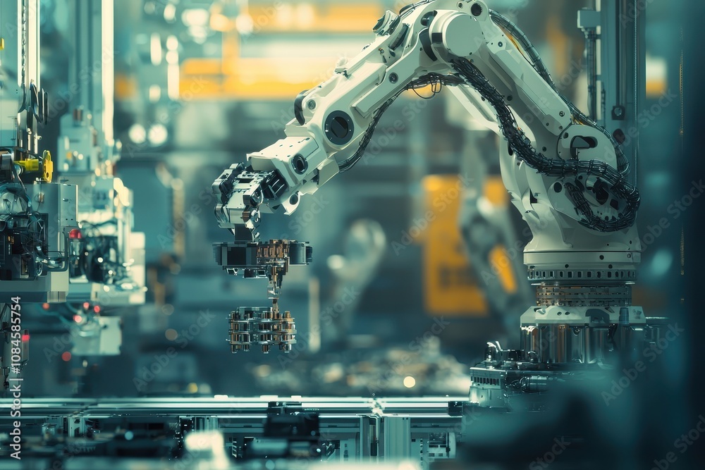Poster advanced robotic arm performing precise assembly tasks in a modern industrial environment with high-