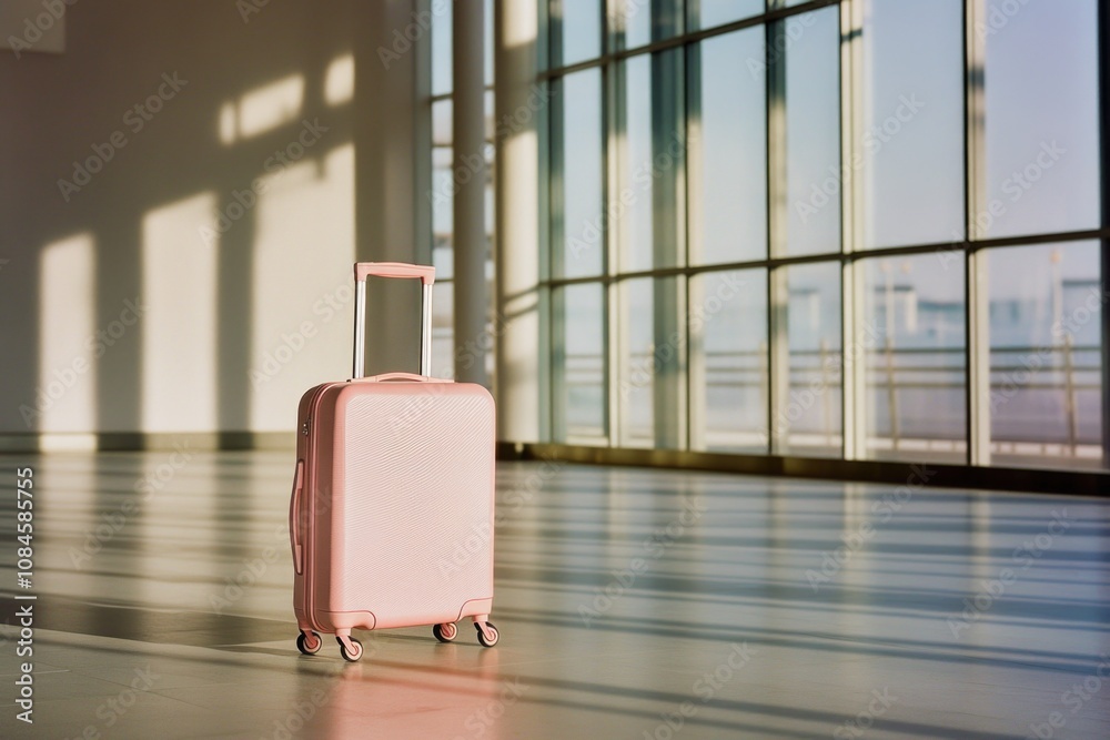 Poster a pink suitcase sits in front of a window with a view, potentially for packing or travel