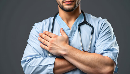 Male health care worker crossing his arms with copy space isolated with white highlights, png