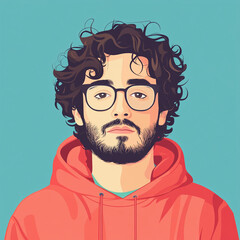 A young man with curly hair and glasses wears a vibrant hoodie against a bright blue background, conveying a calm demeanor and confident expression